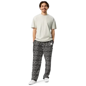 Men's Recycled Polyester Wide-Leg Joggers with Black and White Bird Pattern