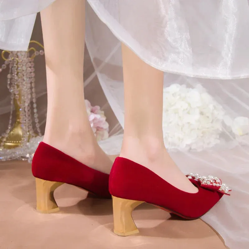 AMOZAE- - Elegant Red Silk Wedding Bride Shoes Pearl Bowknot Pointed Toe Pumps