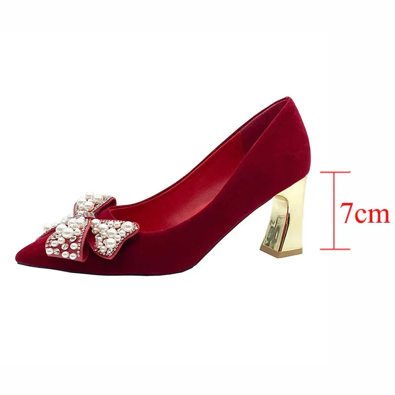 AMOZAE- - Elegant Red Silk Wedding Bride Shoes Pearl Bowknot Pointed Toe Pumps