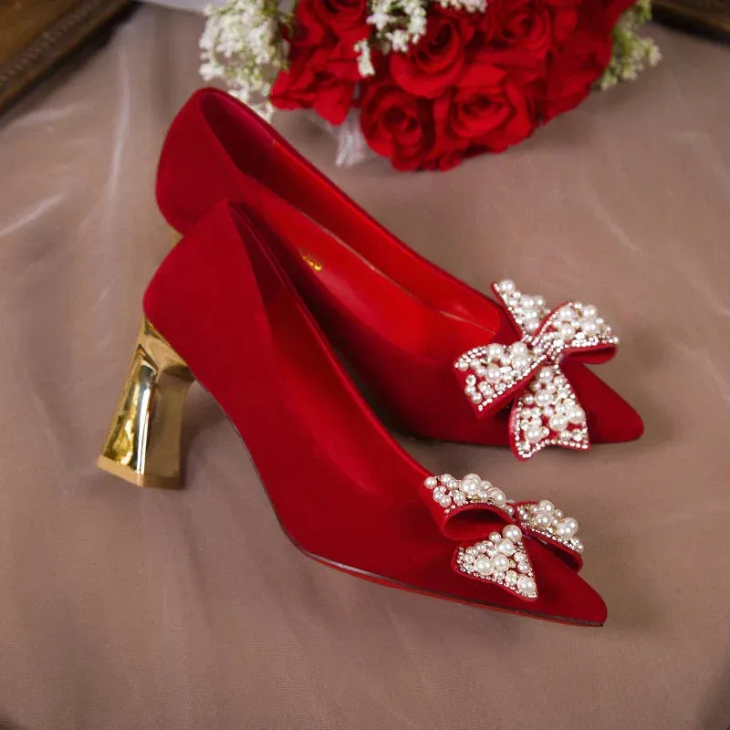 AMOZAE- - Elegant Red Silk Wedding Bride Shoes Pearl Bowknot Pointed Toe Pumps