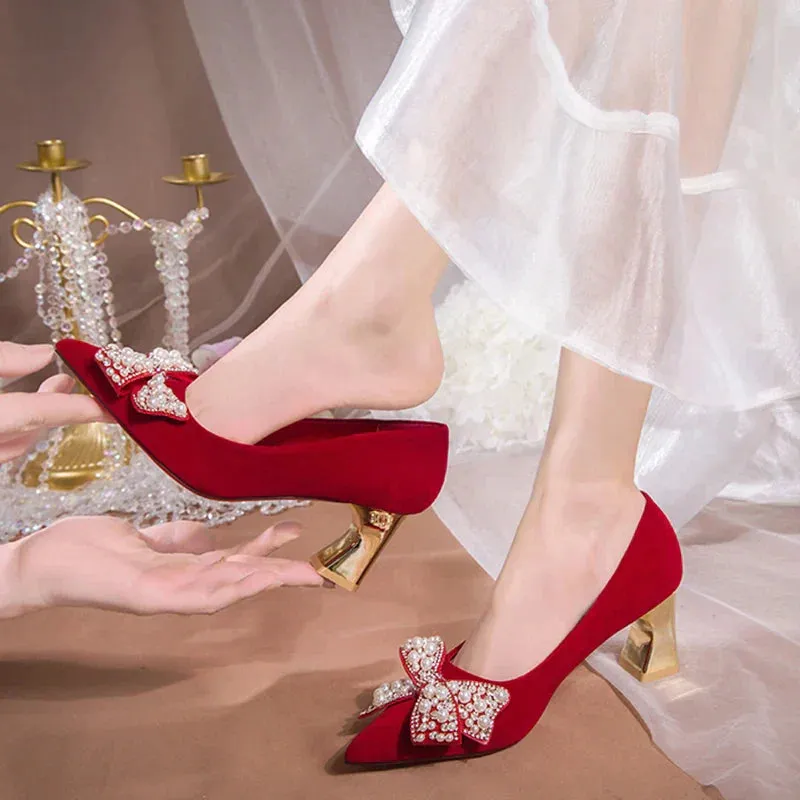 AMOZAE- - Elegant Red Silk Wedding Bride Shoes Pearl Bowknot Pointed Toe Pumps