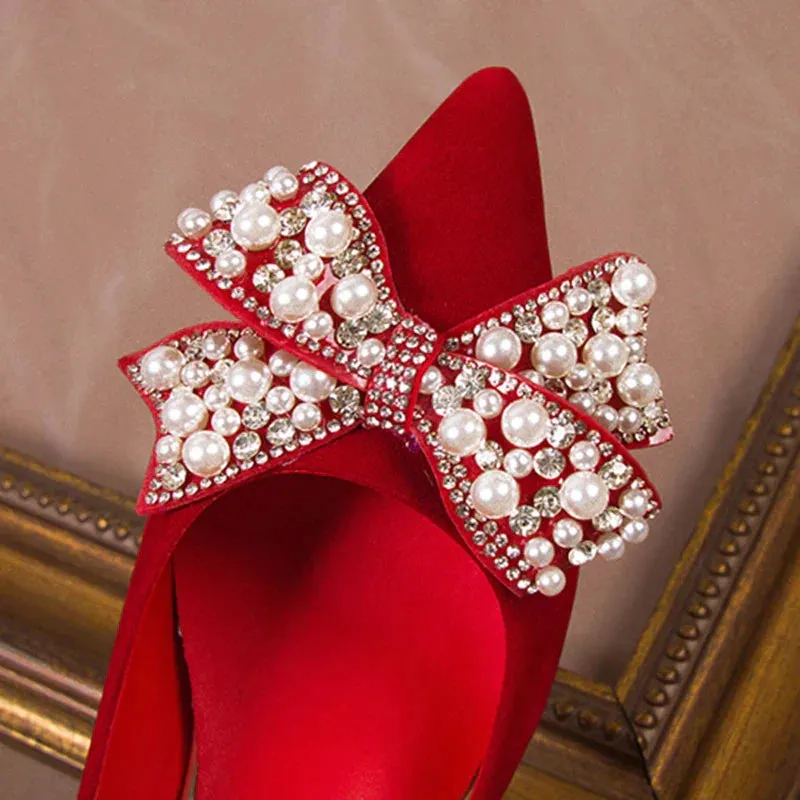 AMOZAE- - Elegant Red Silk Wedding Bride Shoes Pearl Bowknot Pointed Toe Pumps