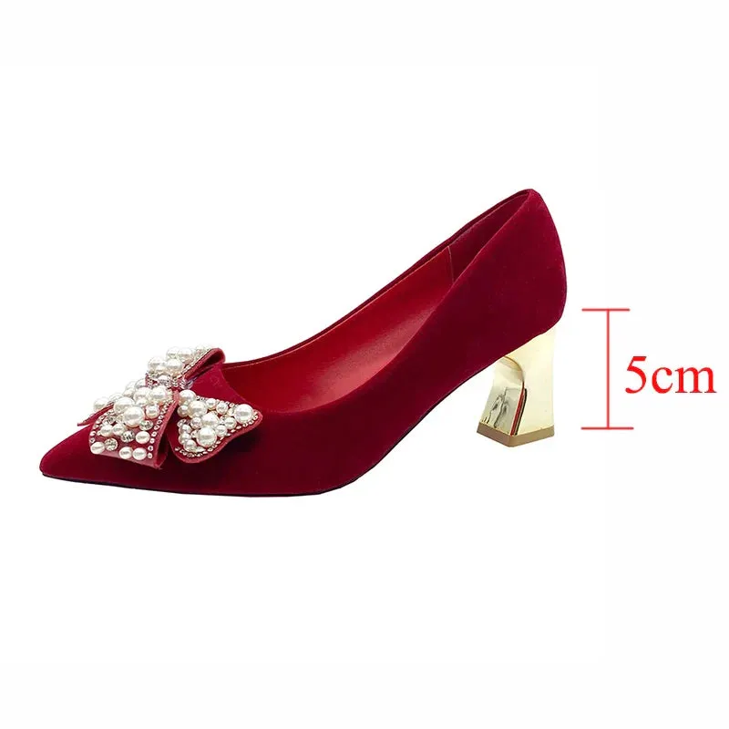 AMOZAE- - Elegant Red Silk Wedding Bride Shoes Pearl Bowknot Pointed Toe Pumps