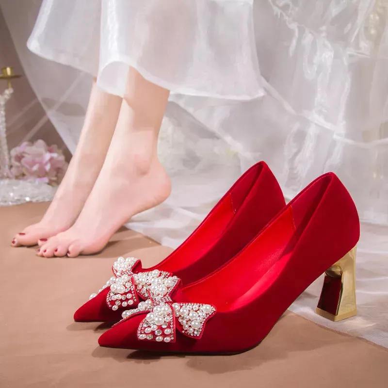 AMOZAE- - Elegant Red Silk Wedding Bride Shoes Pearl Bowknot Pointed Toe Pumps