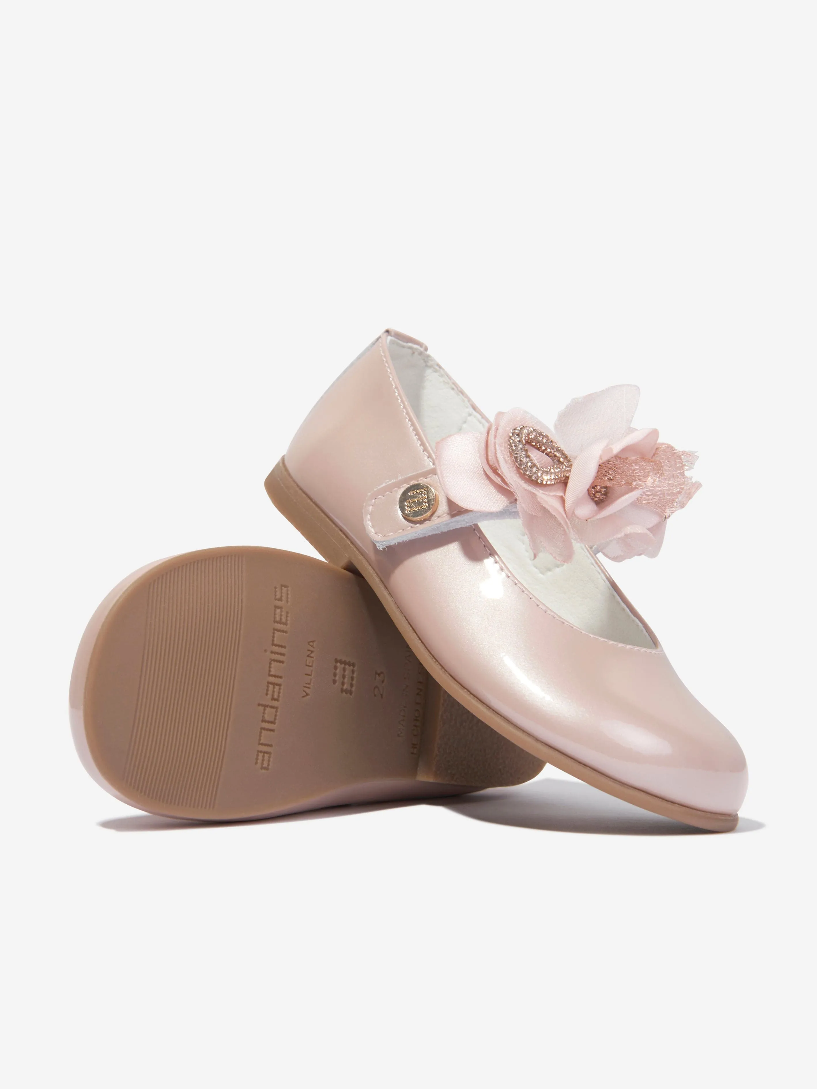 Andanines Girls Leather Flower Shoes in Pink