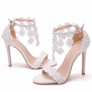 Ankle Strap White Lace Flowers Pearl Tassel Fine High Heels