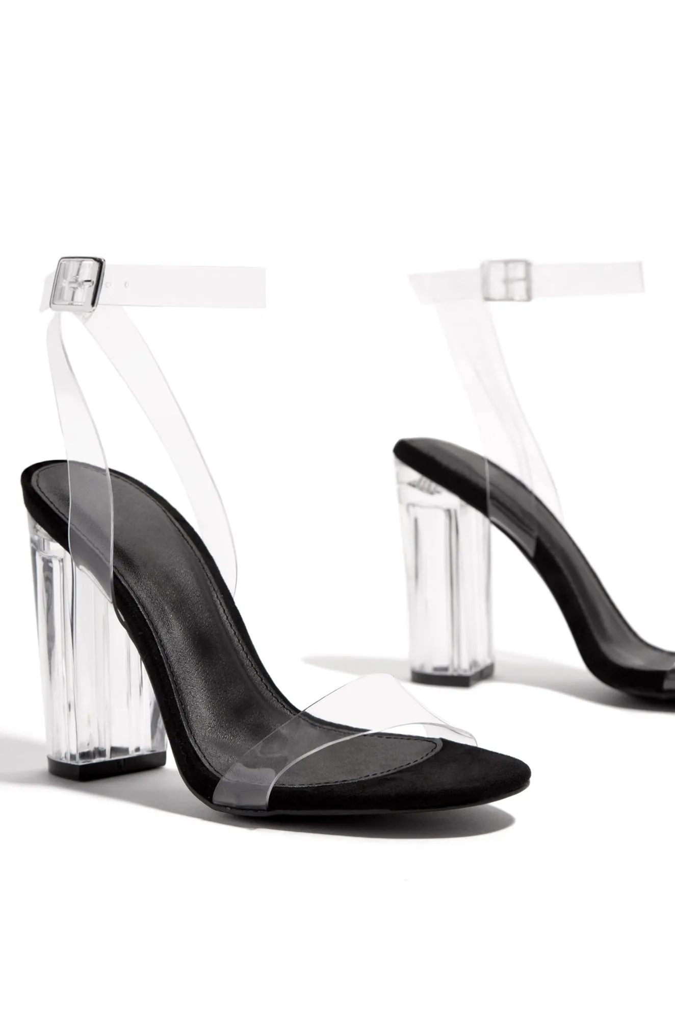 Big Reveal Clear Strap Block High Heels - Black