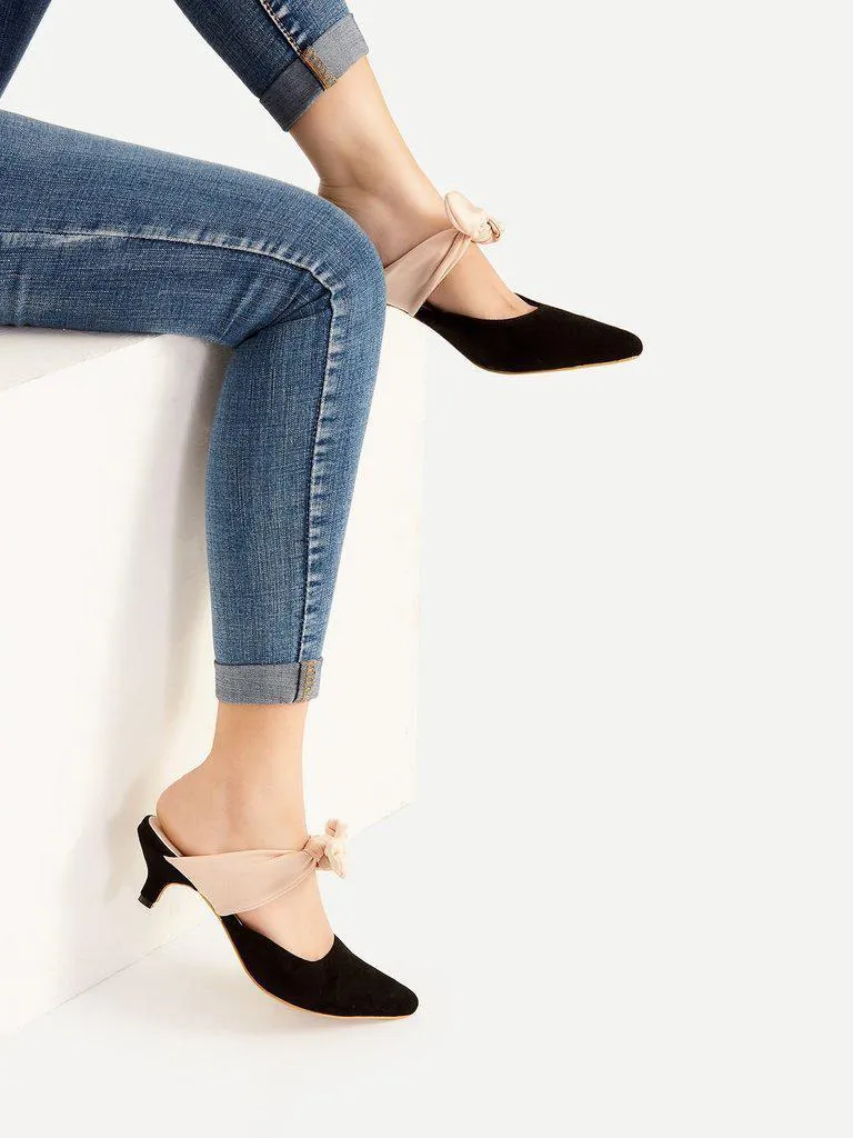 Black Point Toe Contrast Bow Tie Heeled Mules