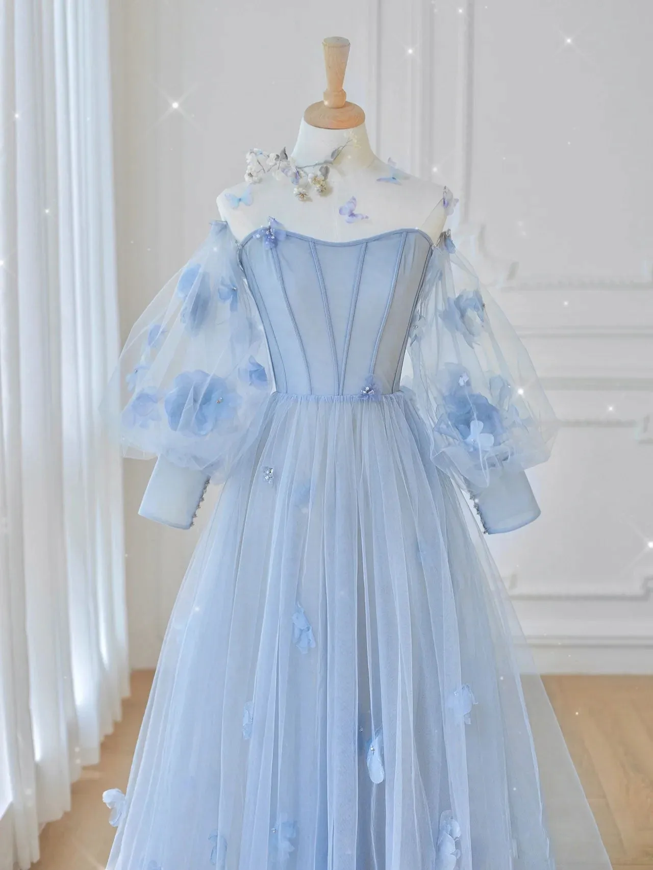 Blue tulle lace long prom dress, blue tulle lace long evening dress