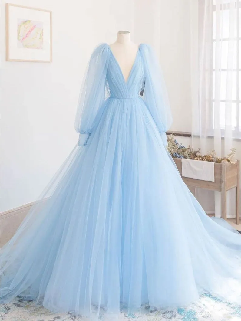 Blue v neck tulle long prom dress, blue tulle evening dress