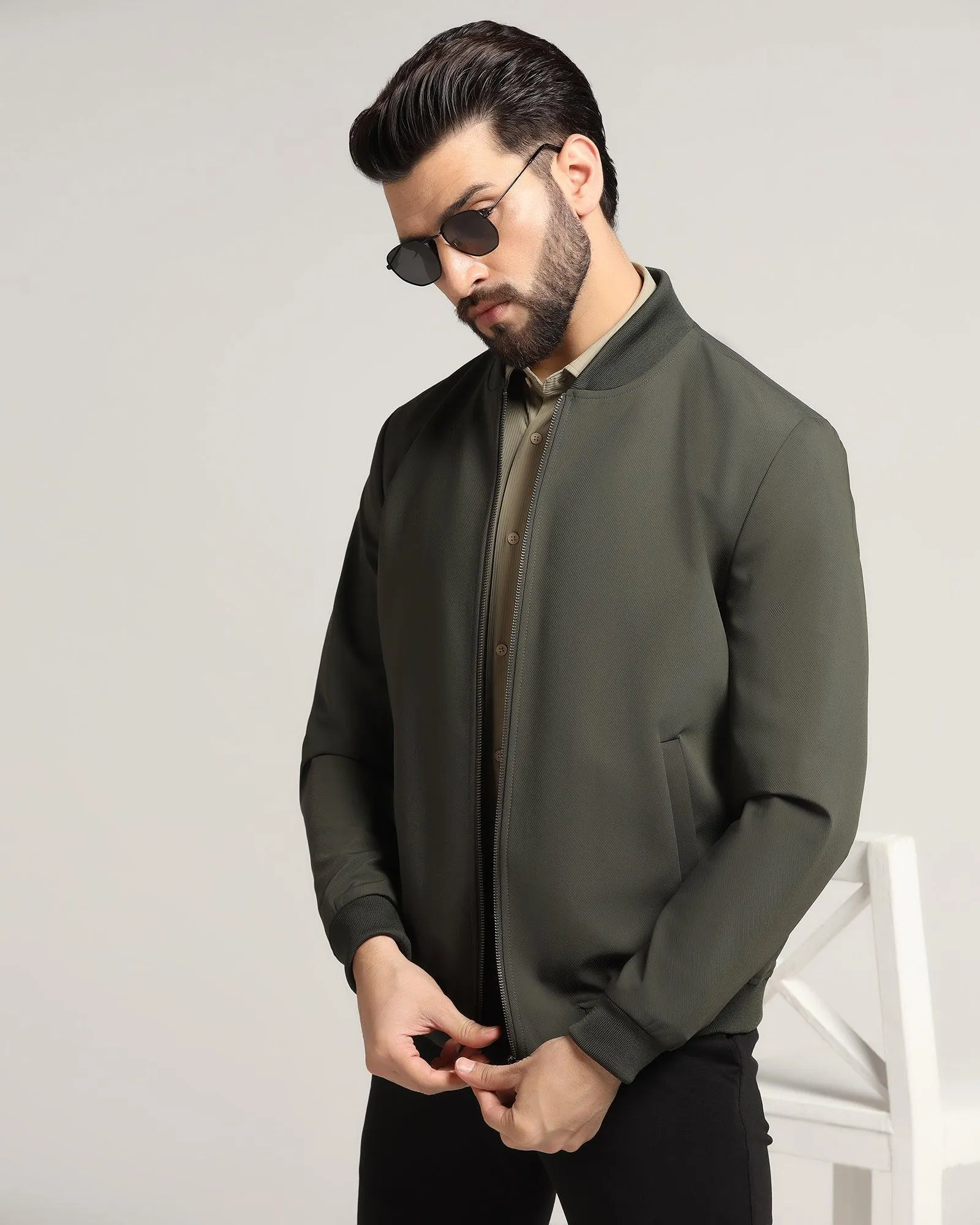 Bomber Olive Textured Zipper Jacket - Griffin