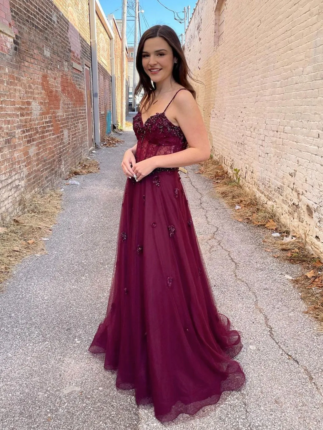 Burgundy tulle A line long prom dress, burgundy evening dress