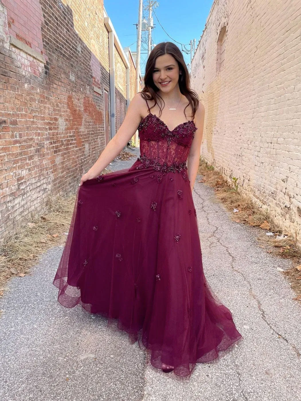 Burgundy tulle A line long prom dress, burgundy evening dress