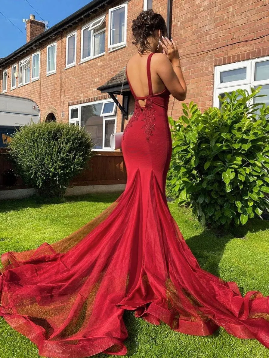 Burgundy v neck lace mermaid long prom dress, burgundy evening dress