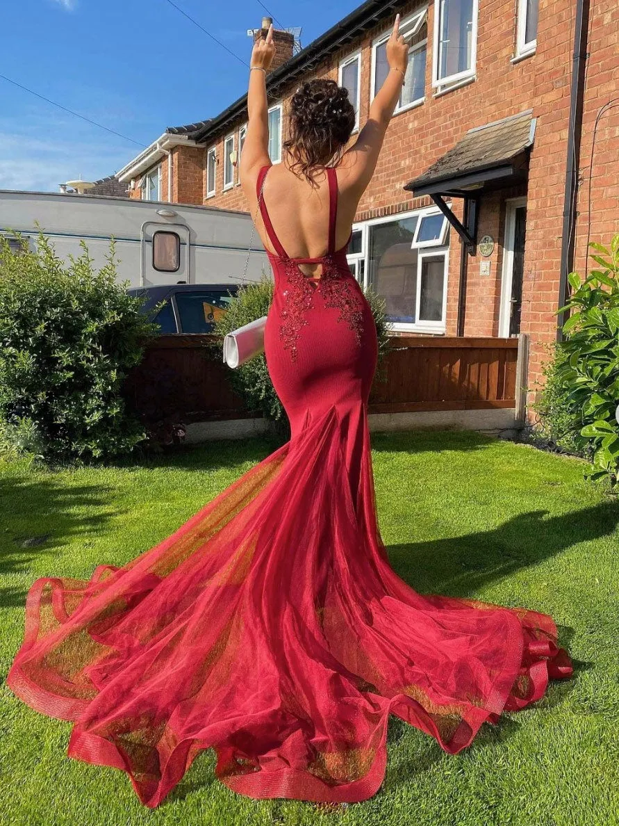 Burgundy v neck lace mermaid long prom dress, burgundy evening dress