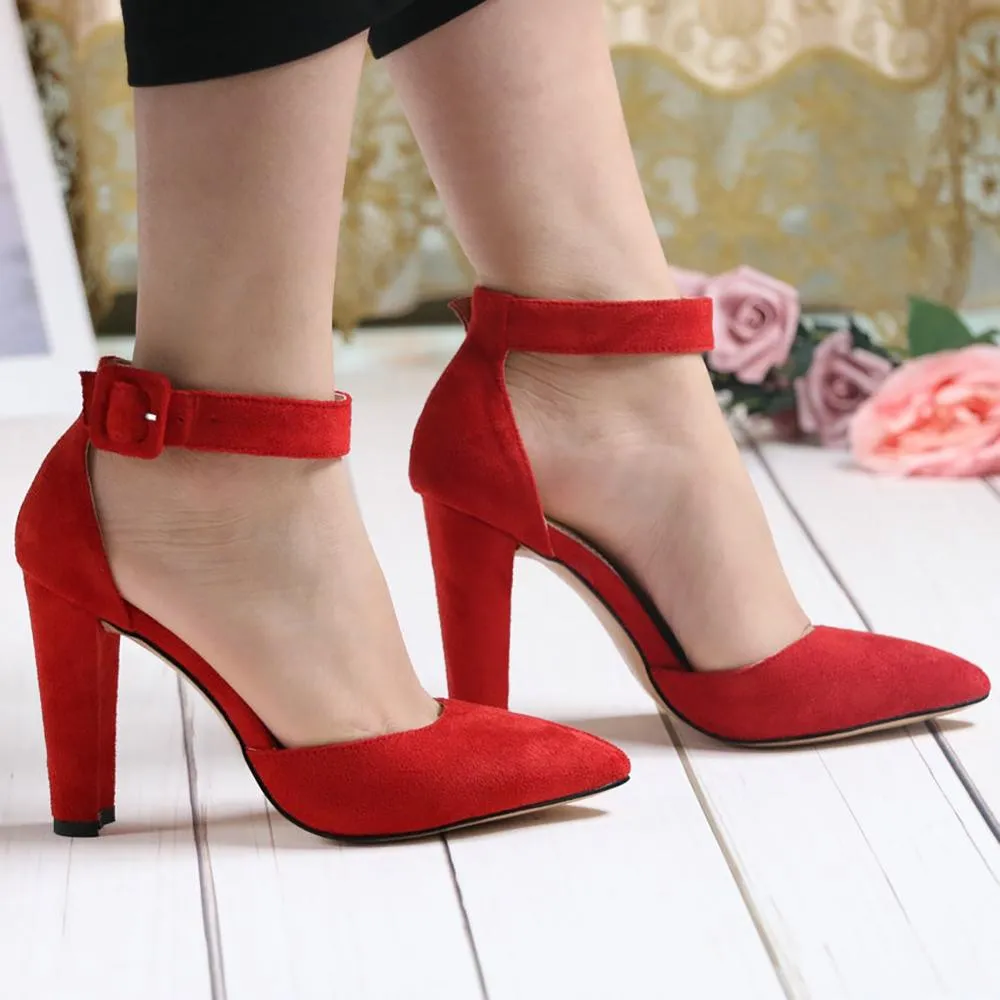 Chunky High Heel Pointed Toe Ankle Strap Pumps Shoes