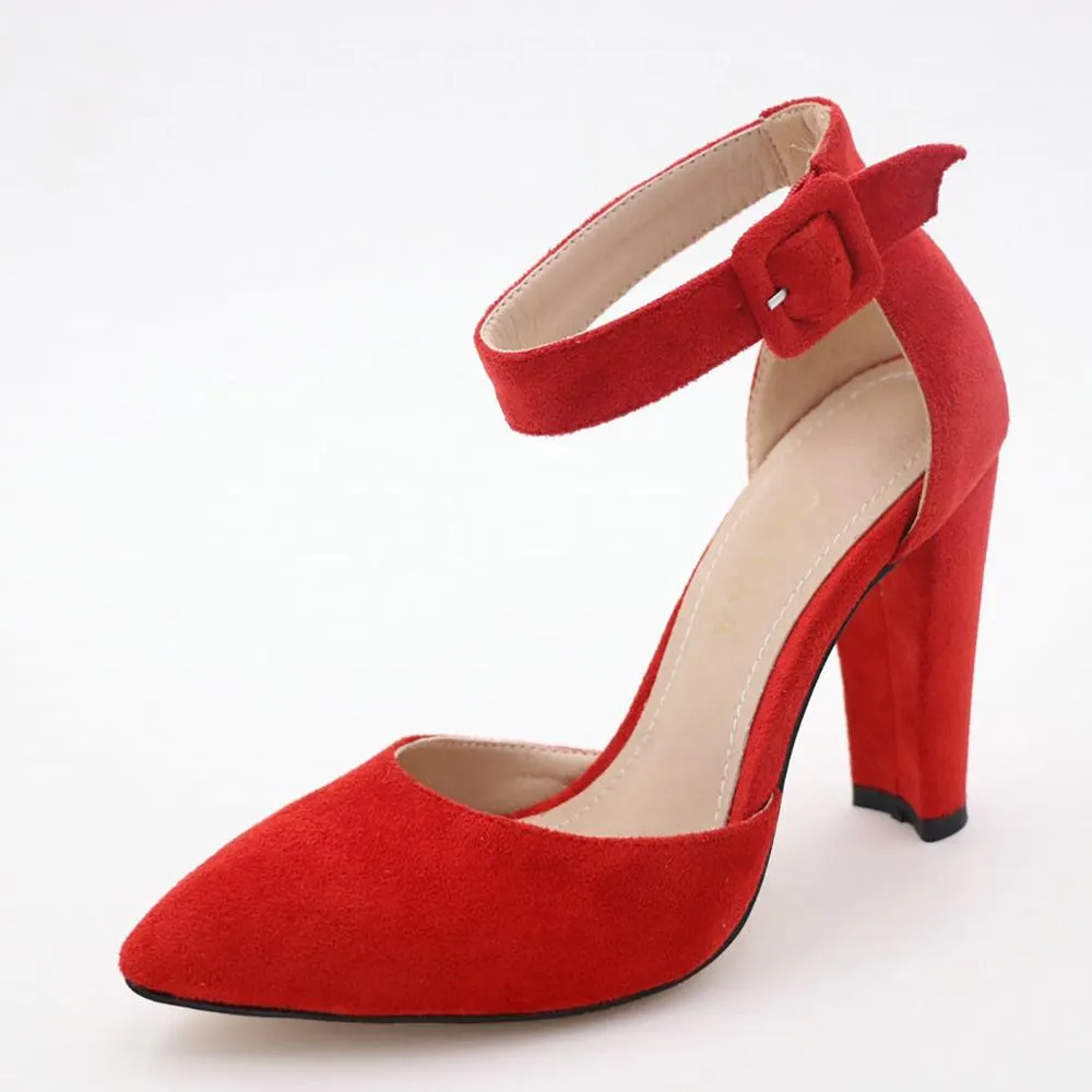 Chunky High Heel Pointed Toe Ankle Strap Pumps Shoes