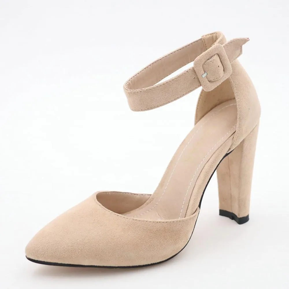 Chunky High Heel Pointed Toe Ankle Strap Pumps Shoes