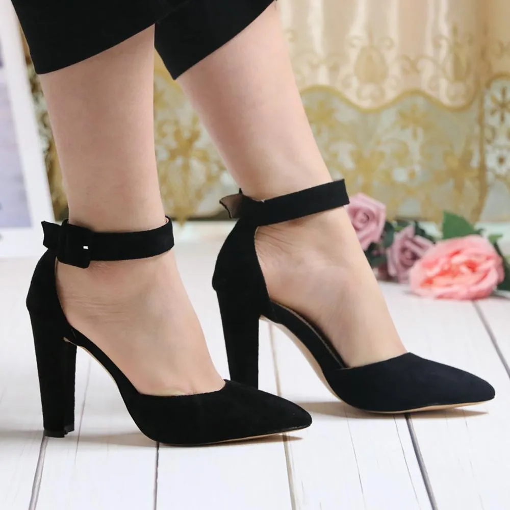 Chunky High Heel Pointed Toe Ankle Strap Pumps Shoes