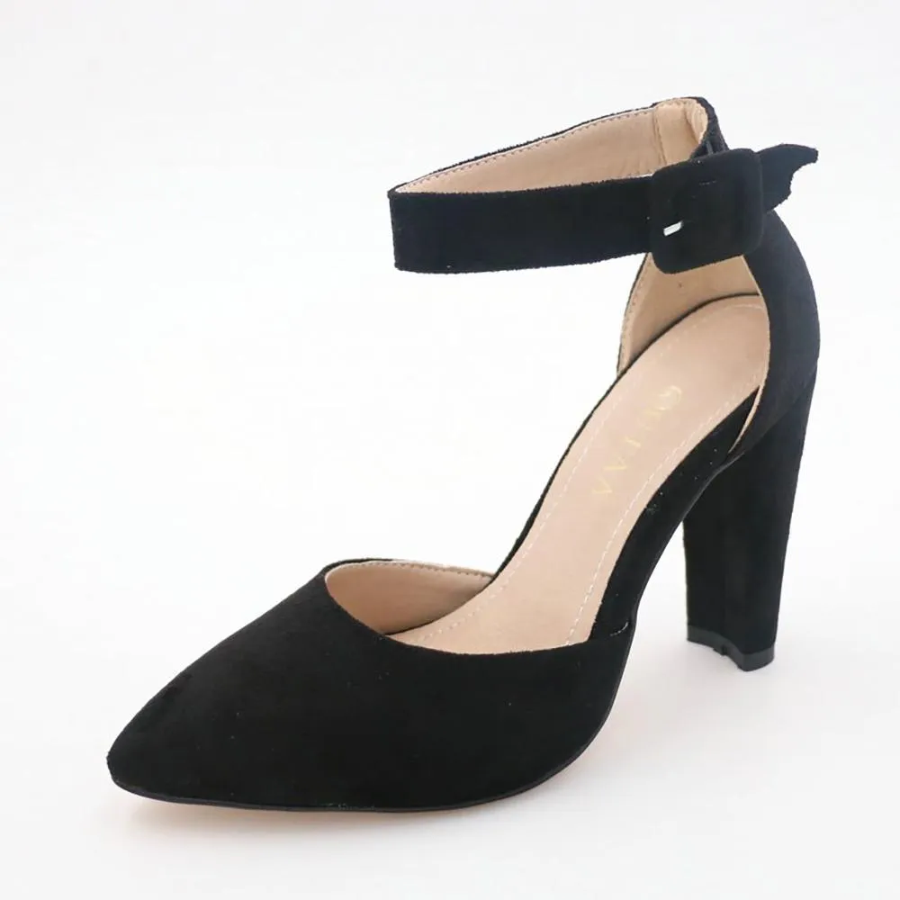 Chunky High Heel Pointed Toe Ankle Strap Pumps Shoes