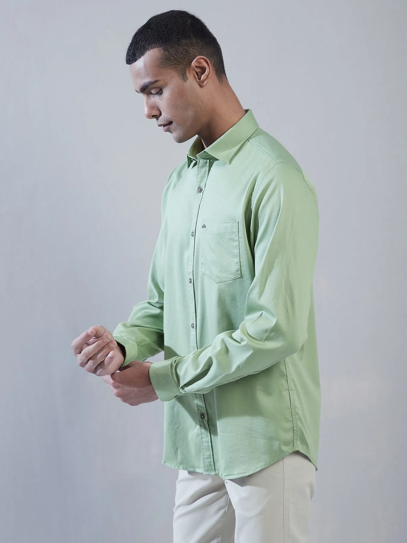 Cotton Stretch Green Plain Slim Fit Full Sleeve Casual Shirt