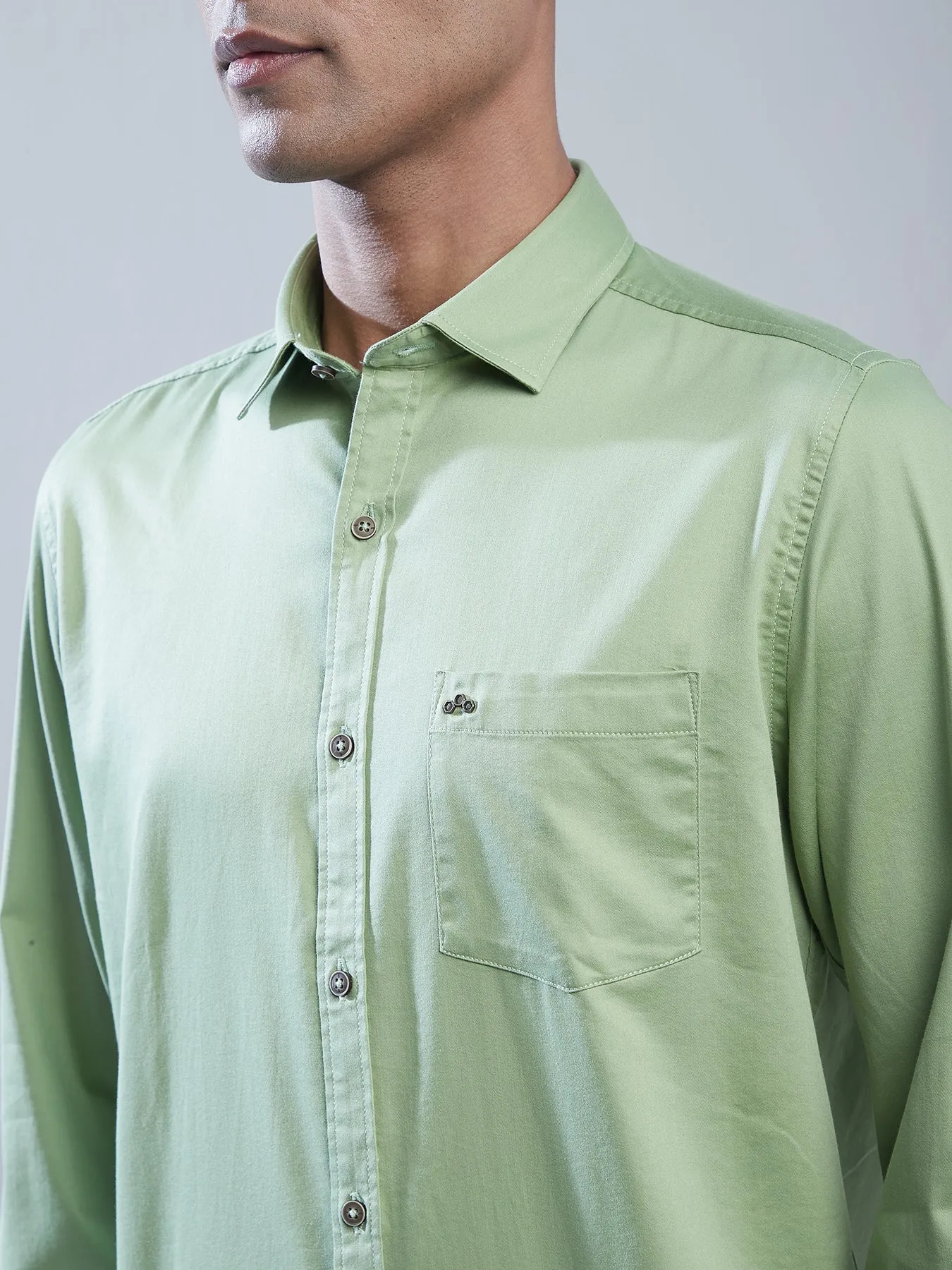 Cotton Stretch Green Plain Slim Fit Full Sleeve Casual Shirt