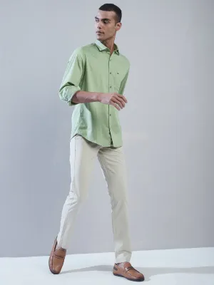 Cotton Stretch Green Plain Slim Fit Full Sleeve Casual Shirt