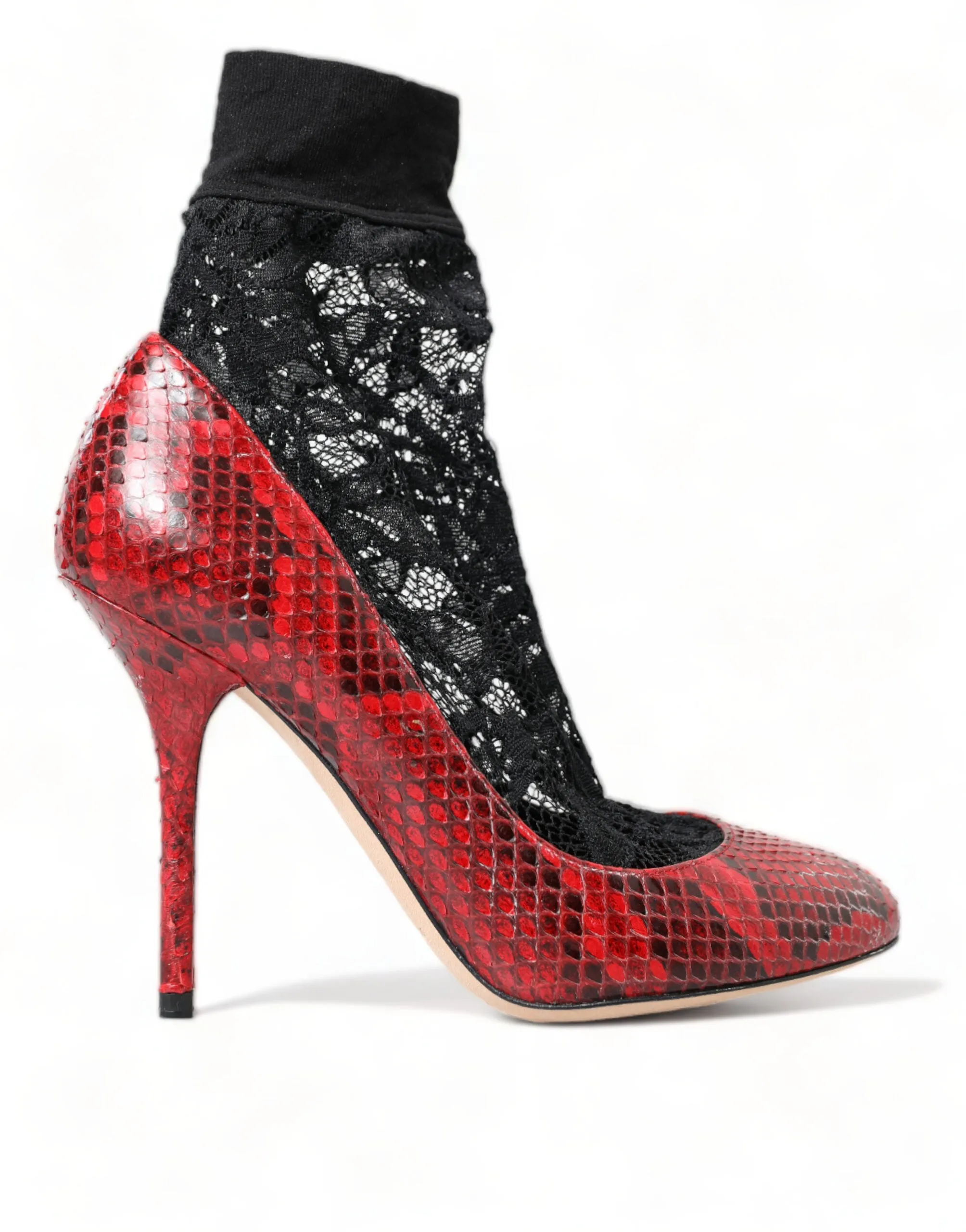 Dolce & Gabbana Red Snakeskin Pumps with Lace Socks