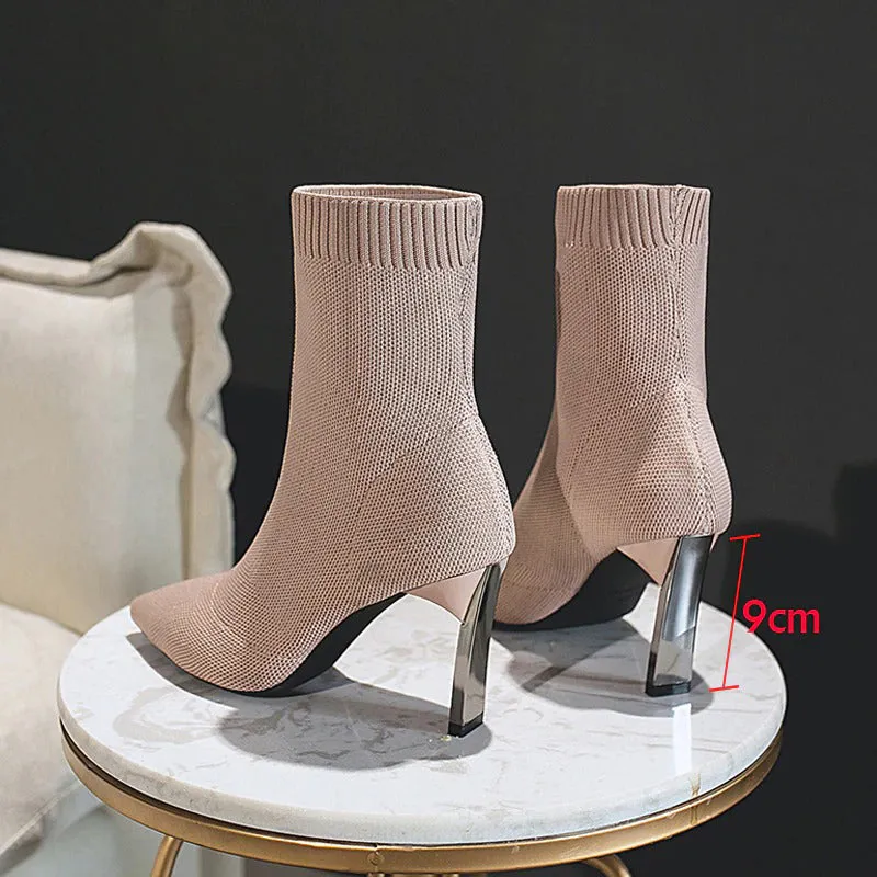 Elastic Stilettos Heel Pointed Toe Knitted Ankle Sock Boots