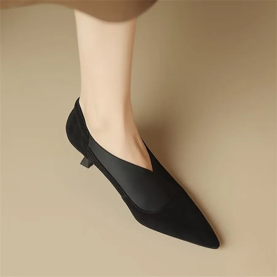 Elegant Cow Leather Pointed Toe Thin Heel Pumps