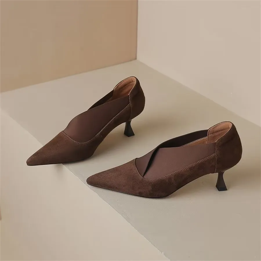 Elegant Cow Leather Pointed Toe Thin Heel Pumps