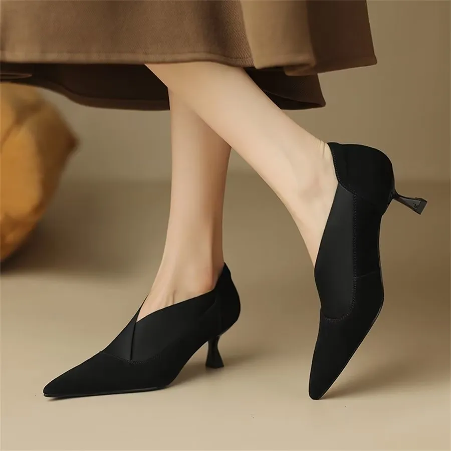 Elegant Cow Leather Pointed Toe Thin Heel Pumps