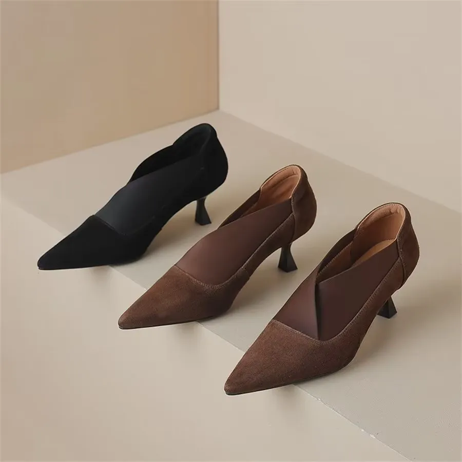 Elegant Cow Leather Pointed Toe Thin Heel Pumps