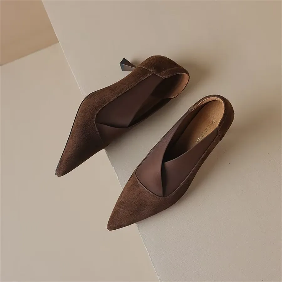 Elegant Cow Leather Pointed Toe Thin Heel Pumps