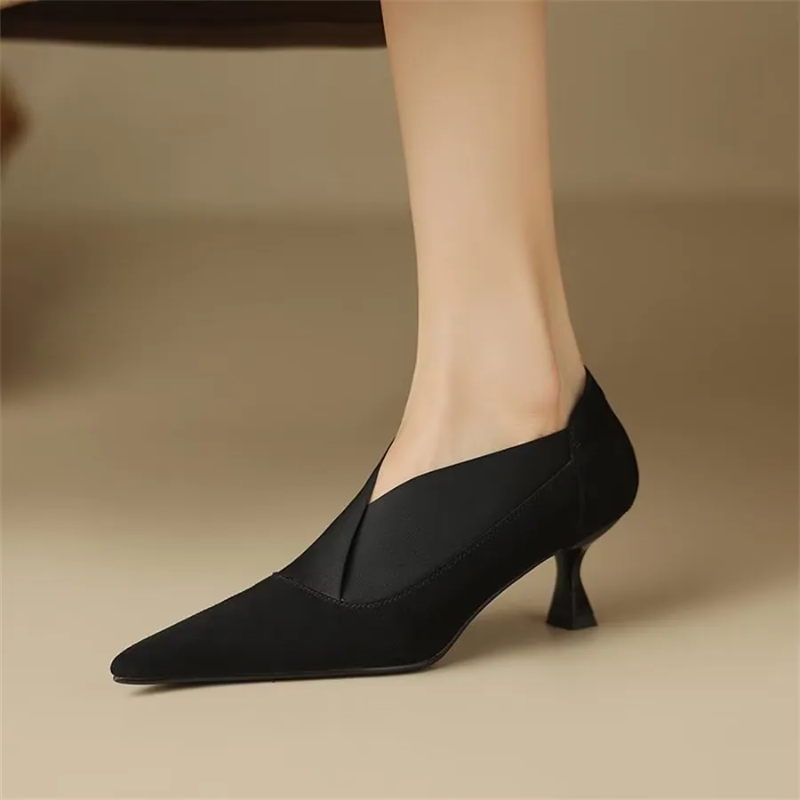 Elegant Cow Leather Pointed Toe Thin Heel Pumps