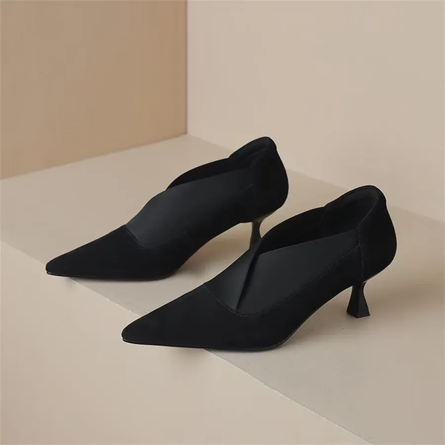 Elegant Cow Leather Pointed Toe Thin Heel Pumps