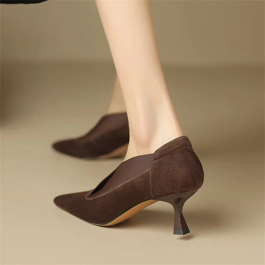 Elegant Cow Leather Pointed Toe Thin Heel Pumps