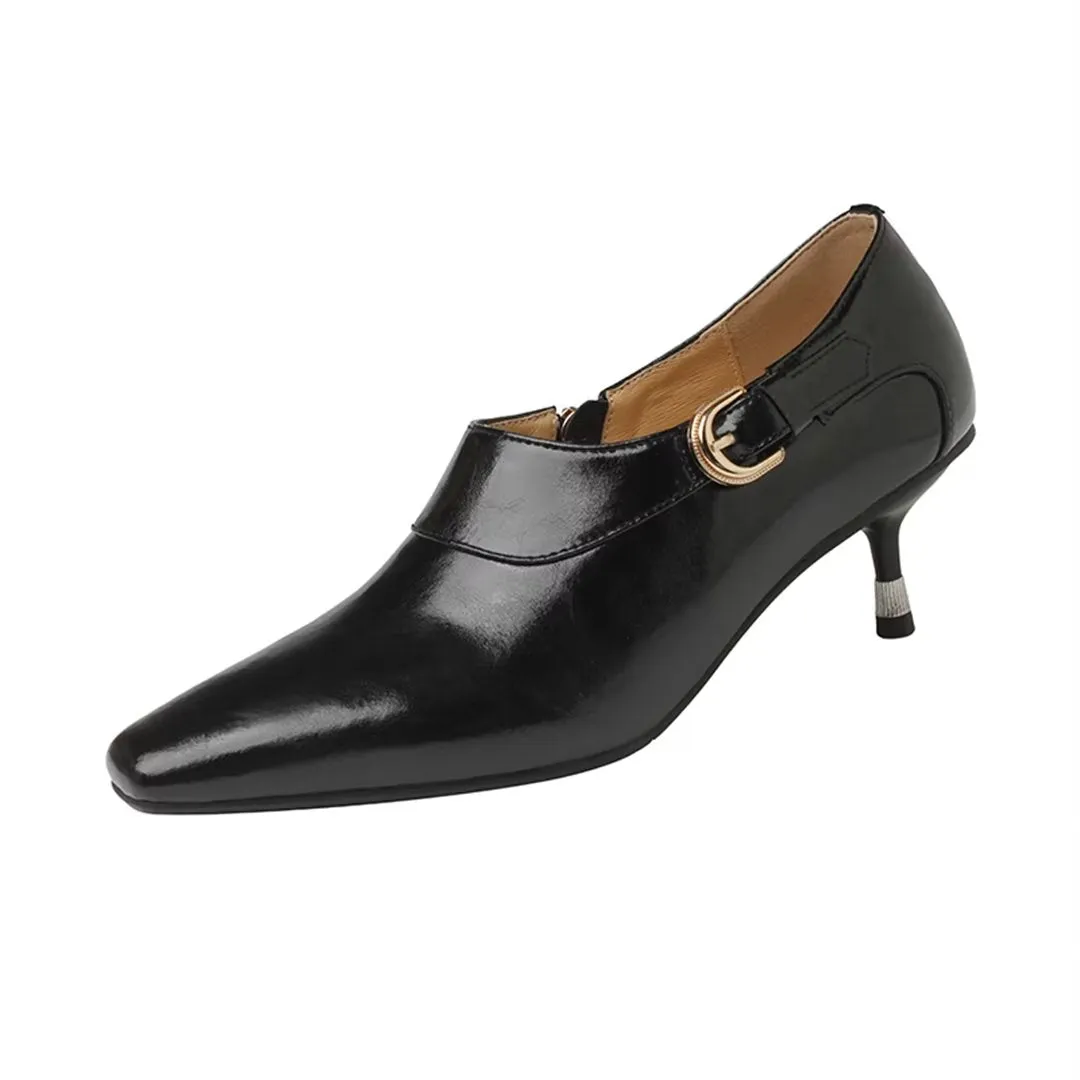 Elegant Cow Leather Square Toe Thin Heel Pumps