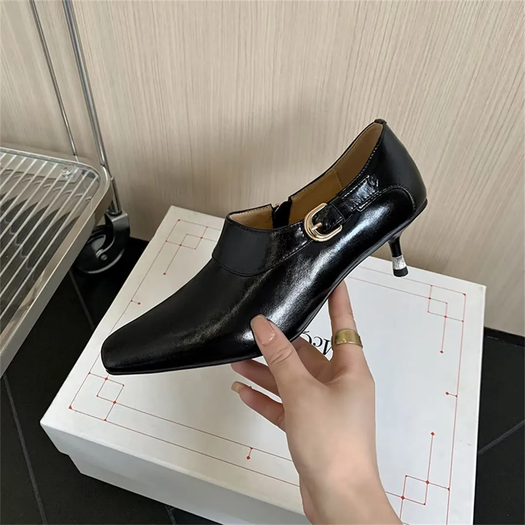 Elegant Cow Leather Square Toe Thin Heel Pumps