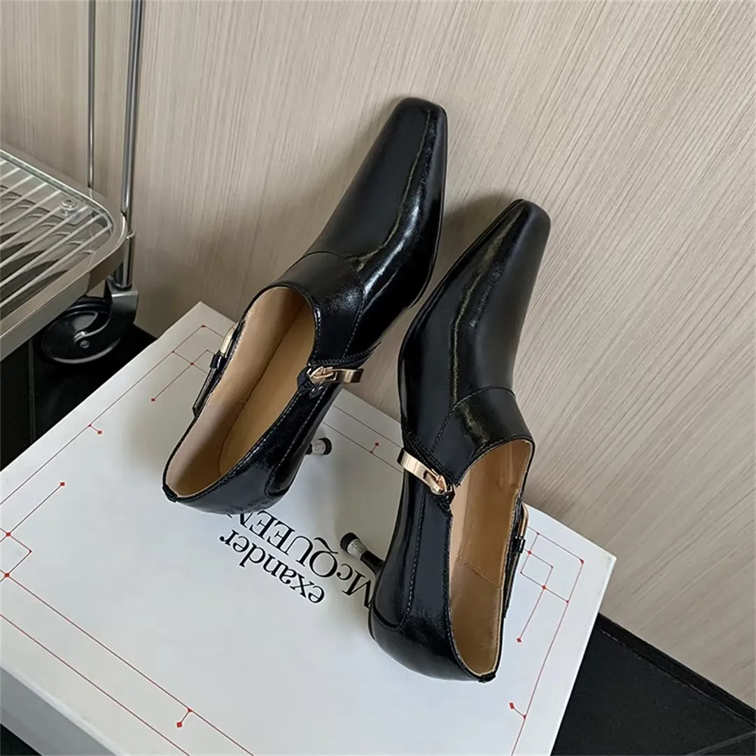 Elegant Cow Leather Square Toe Thin Heel Pumps