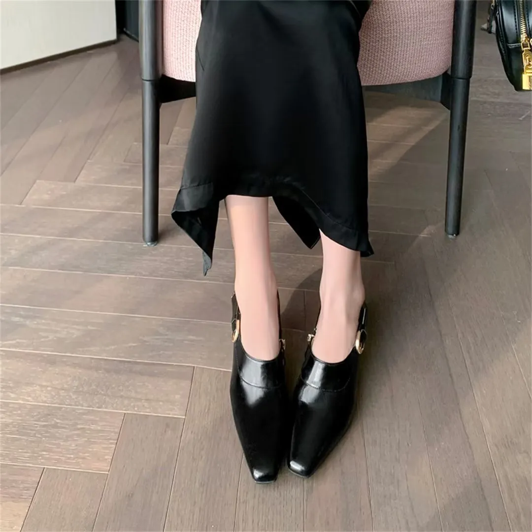 Elegant Cow Leather Square Toe Thin Heel Pumps