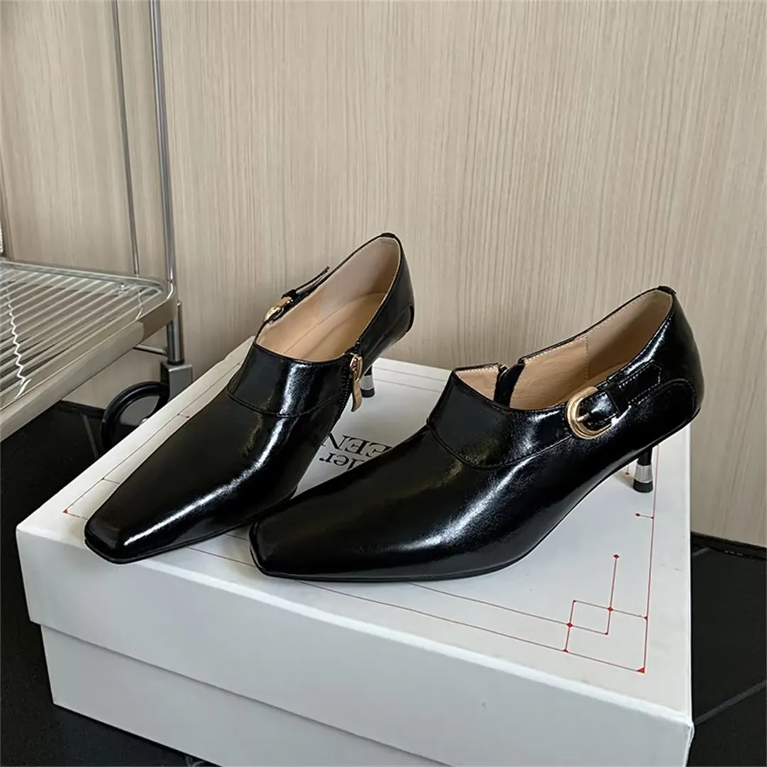 Elegant Cow Leather Square Toe Thin Heel Pumps