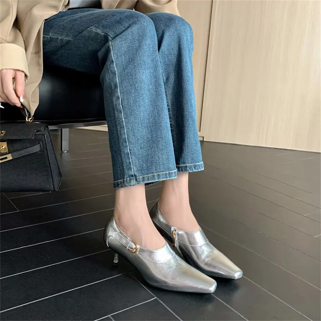 Elegant Cow Leather Square Toe Thin Heel Pumps