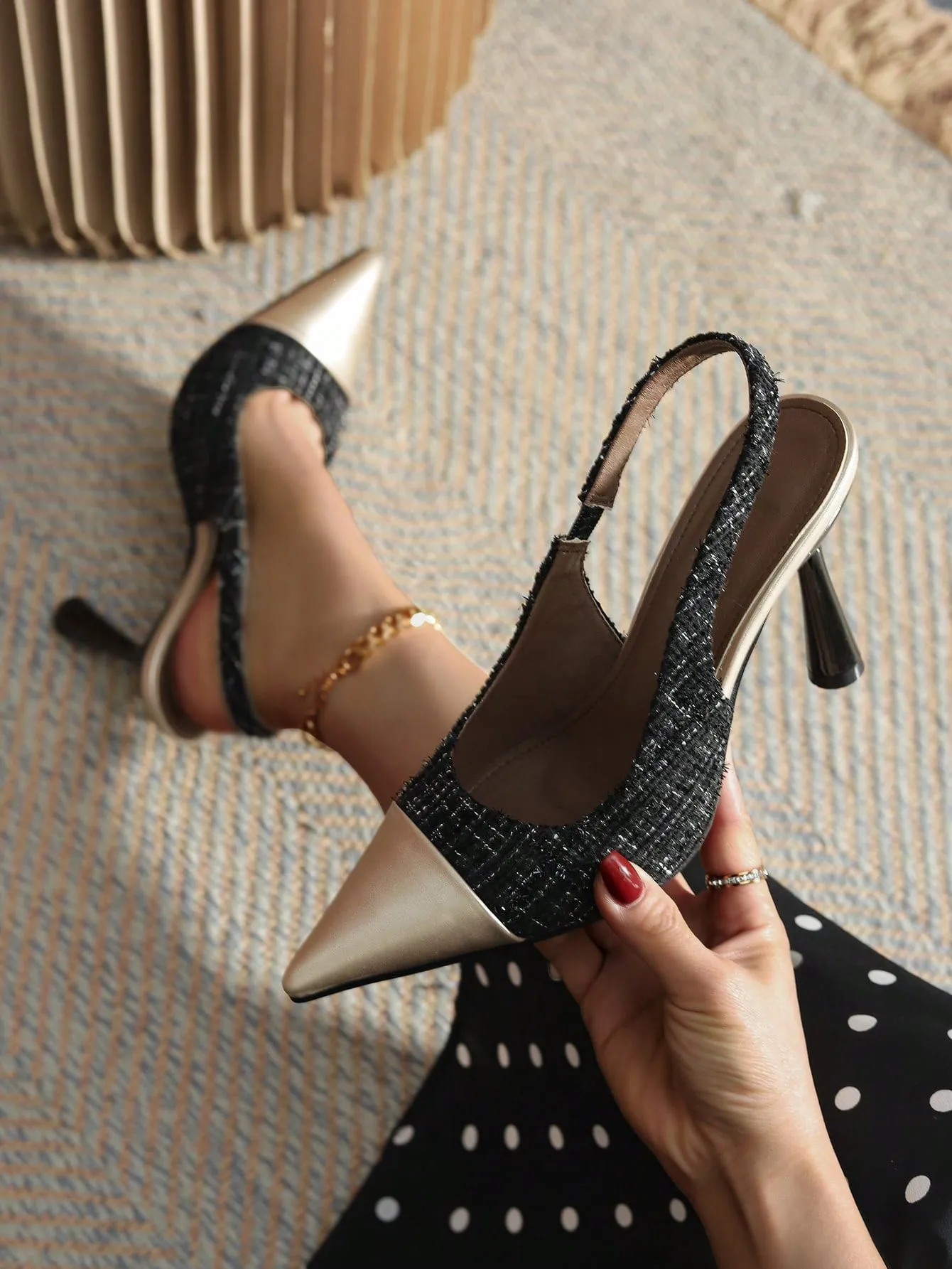 Elegant Slingback Pumps Tweed Two Tone Pyramid Heeled Pumps