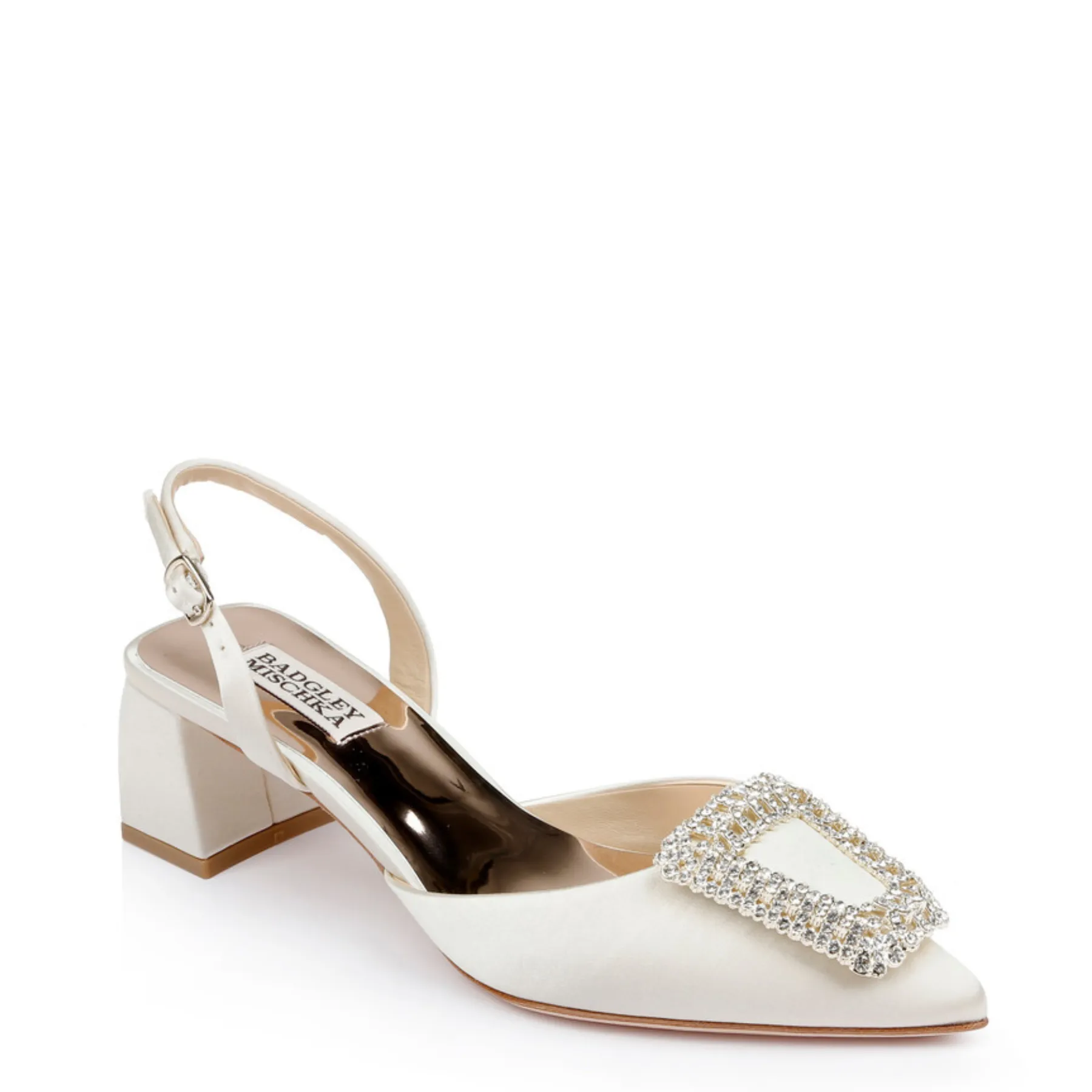 Emmie - Pointed Toe Block Heel Slingback with Crystal Buckle - Ivory