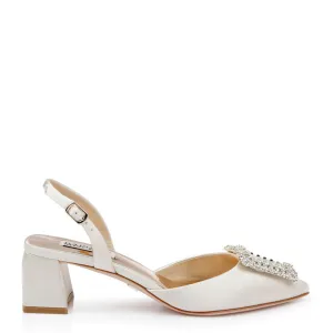 Emmie - Pointed Toe Block Heel Slingback with Crystal Buckle - Ivory