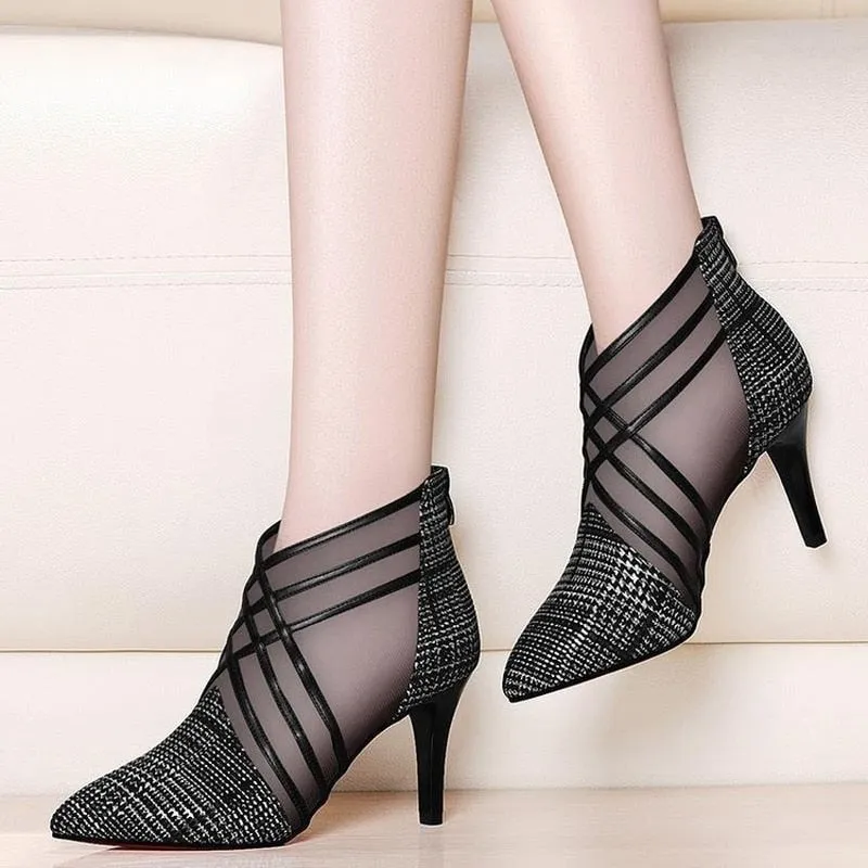 Fashion Mesh Lace Crossed Stripe Women Ladies Casual Pointed Toe High Stilettos Heels Pumps Feminine Mujer Sandals Shoes