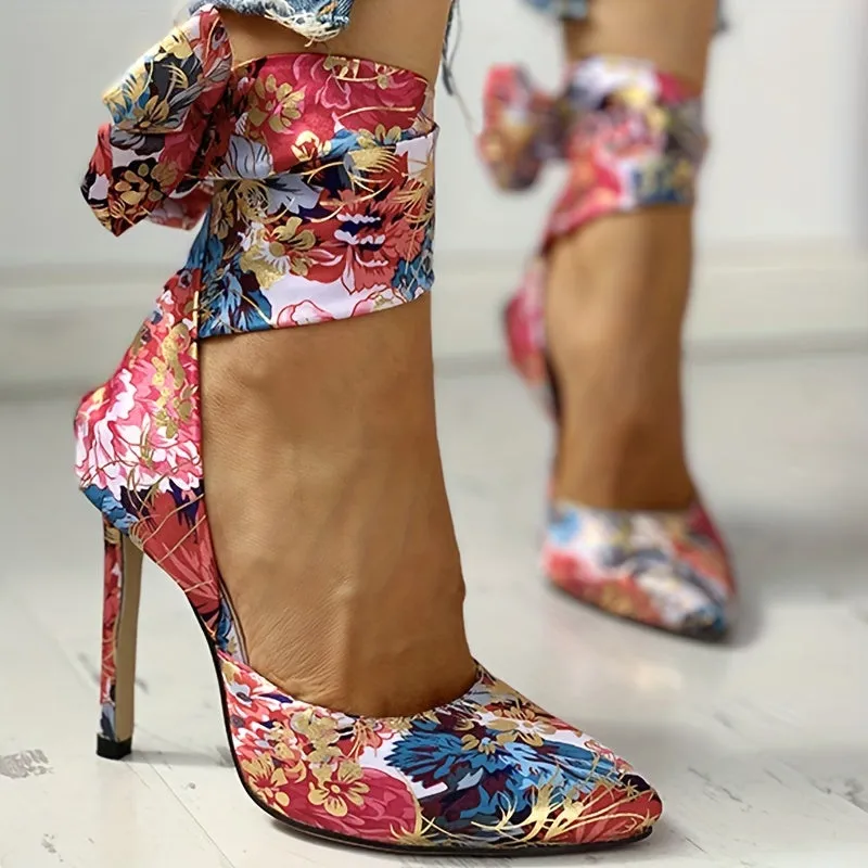 Floral Satin High Heels - Elegant Pointed Toe Lace Up Stilettos for Parties and Dressy Occasions