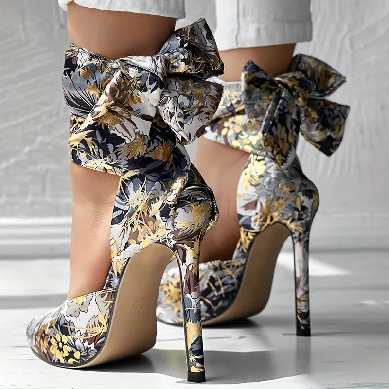 Floral Satin High Heels - Elegant Pointed Toe Lace Up Stilettos for Parties and Dressy Occasions