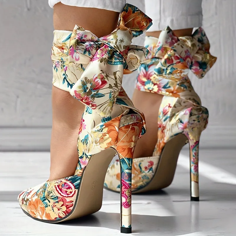 Floral Satin High Heels - Elegant Pointed Toe Lace Up Stilettos for Parties and Dressy Occasions